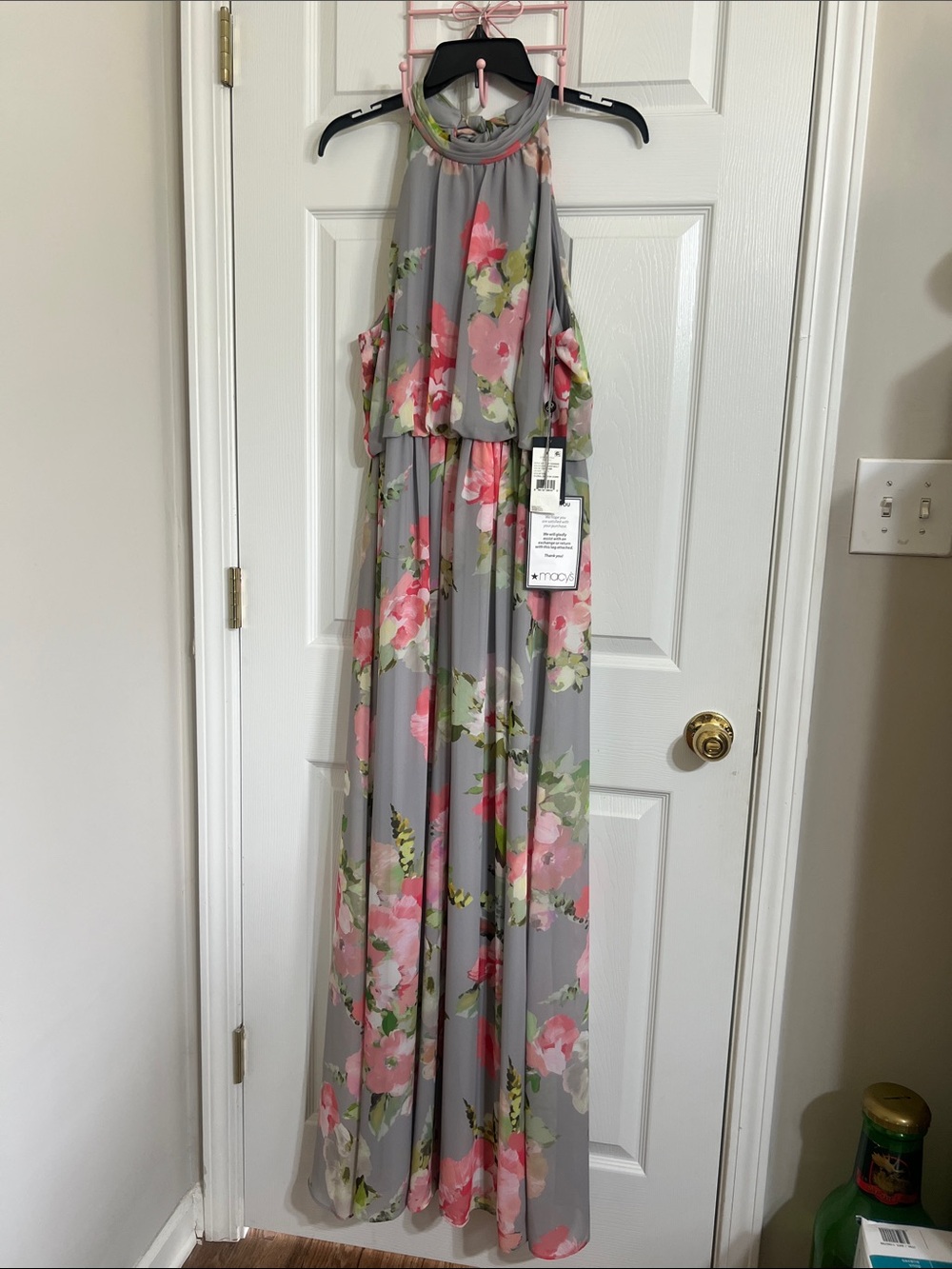 Adrianna Papell Gray Floral Halter Maxi Dress with Pink & Green Accents